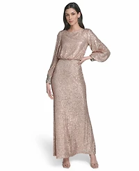 Eliza J Women's Embroidered Cuff Boat Neck Long Gown