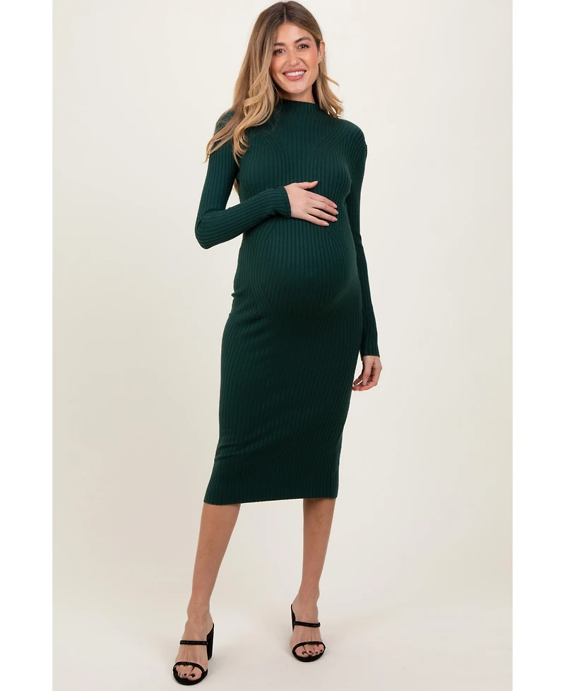 Pinkblush Maternity Forest Green Ribbed Knit Mock Neck Long Sleeve Midi Dress