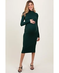 Pinkblush Maternity Forest Green Ribbed Knit Mock Neck Long Sleeve Midi Dress