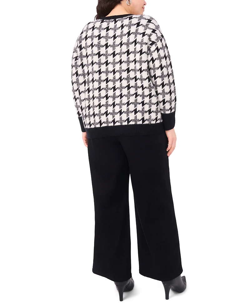 Vince Camuto Plus Houndstooth Long Sleeve Crewneck Sweater