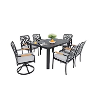 Chic Crate - 7-Piece Aluminum Patio Furniture Set - Modern Outdoor Dining with 4 Chairs & 2 Swivel Rockers