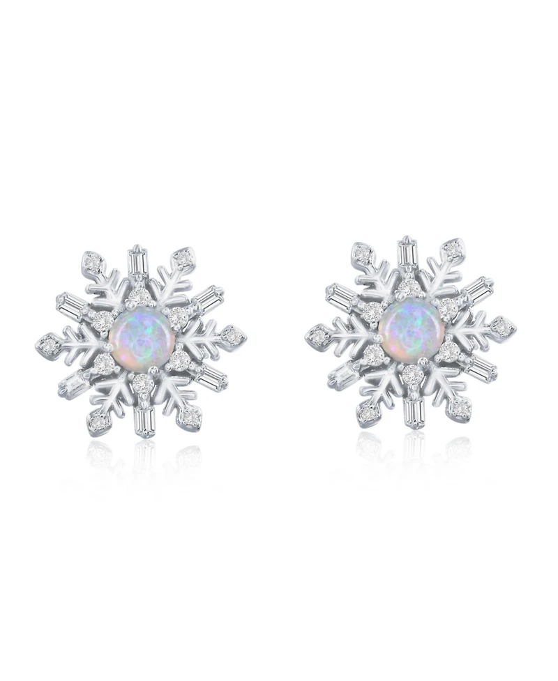 Sterling Silver, Opal & Cz Snowflake Studs