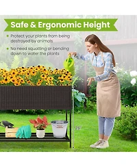Gymax Elevated Planter Box Raised Garden Bed w/ Rattan Surface Bottom Storage Shelf & Removable Liner