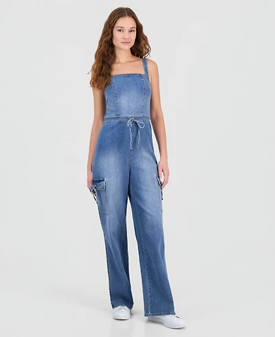Tinseltown Juniors' Tie-Waist Denim Wide-Leg Jumpsuit