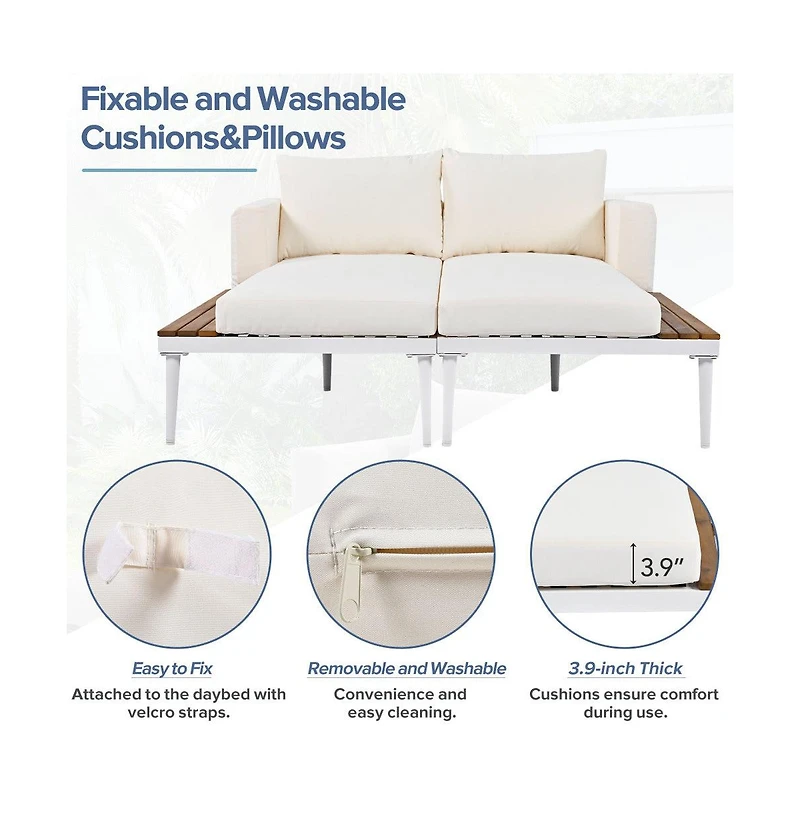 Chic Crate - Beige 2 in 1 Padded Chaise Lounges for Deck Balcony - Modern Outdoor Daybed with Wood Topped Side Spaces