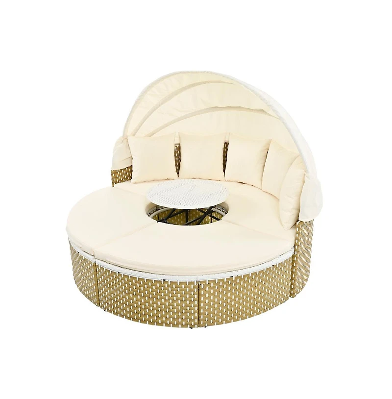 Chic Crate - Rattan Daybed Outdoor Sectional Sofa Set - Retractable Canopy with Removable Cushion & Separate Seating for Backyard & Poolside (Beige)
