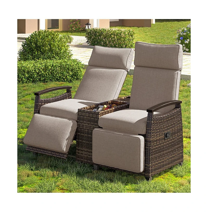 Chic Crate-Adjustable Backrest Wicker Outdoor Recliner Loveseat Set with Acacia Wood Armrests & Built-in Storage Table (Brown)