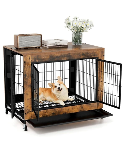 Gymax Dog Crate Furniture Industrial Dog Kennel w/ Flip-up Top Decorative Pet House