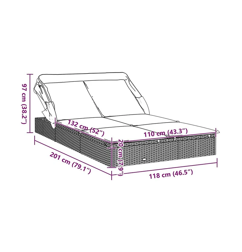 vidaXL Sunbed Black Pe Rattan, Powder-Coated Steel, 100% Polyester Double