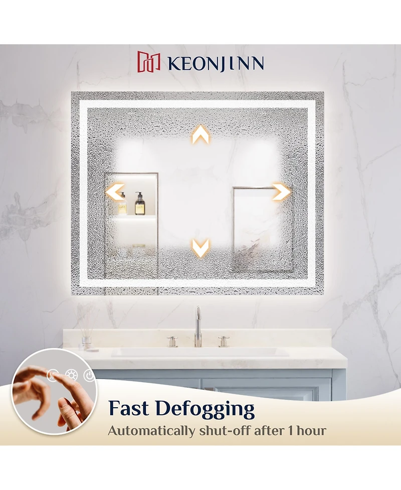 keonjinn Inch Led Bathroom Vanity Mirror Tempered Glass Front & Backlit Dimmable 3 Color Lighted Mirror Anti-fog Memory Function Frameless