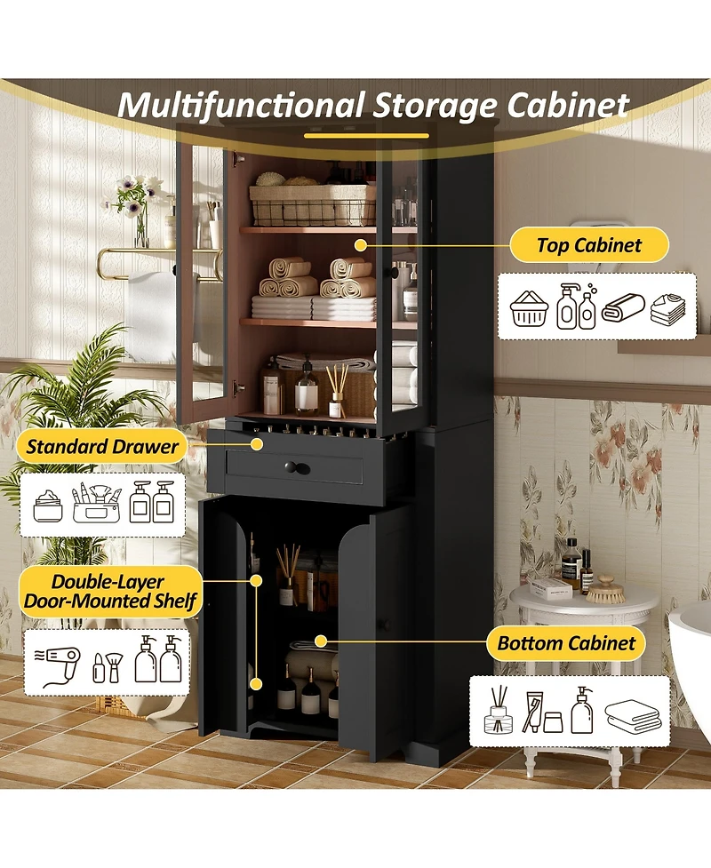 Lovmor 67inch Tall Bathroom Storage Cabinet with Tempered Glass Doors Adjustable Shelves Drawer Modern Freestanding Linen Tower Soft Close Design