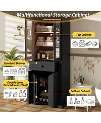 Lovmor 67inch Tall Bathroom Storage Cabinet with Tempered Glass Doors Adjustable Shelves Drawer Modern Freestanding Linen Tower Soft Close Design