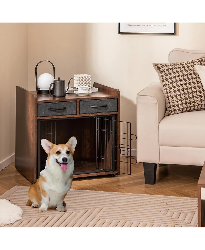 Gymax Industrial Dog Crate Indoor Doge Kennel w/Wide Countertop 2 Fabric Drawers