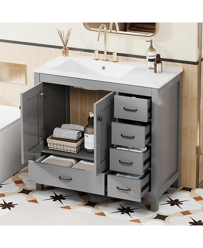 Lovmor 36inch Gray Bathroom Vanity with Ceramic Sink Combo Abundant Storage Cabinet 2 Soft close doors and 5 drawers