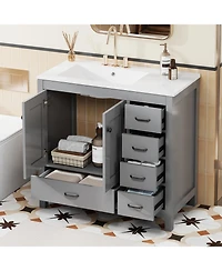 Lovmor 36inch Gray Bathroom Vanity with Ceramic Sink Combo Abundant Storage Cabinet 2 Soft close doors and 5 drawers
