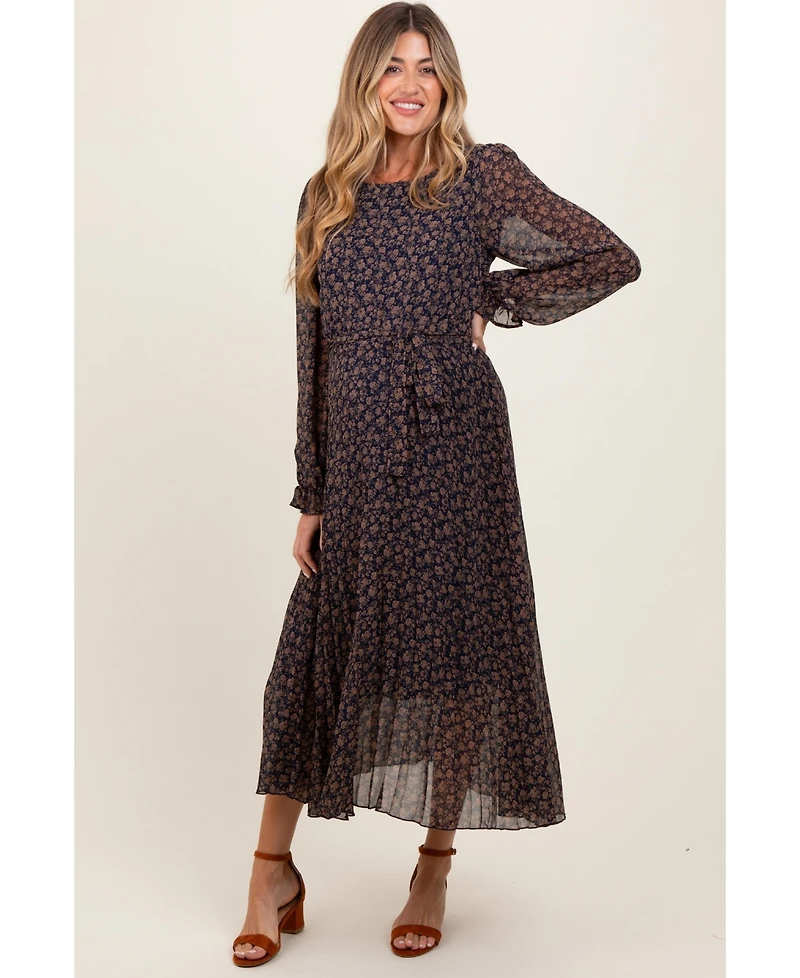 Pinkblush Maternity Navy Blue Floral Front Tie Pleated Midi Dress