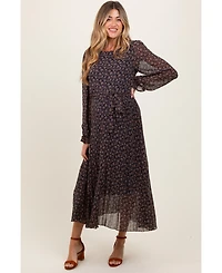Pinkblush Maternity Navy Blue Floral Front Tie Pleated Midi Dress