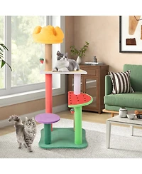 Gymax 45'' Tall Cat Tree w/ Plush Padded Top Perch Fruit-Shaped Platforms Dangling Balls