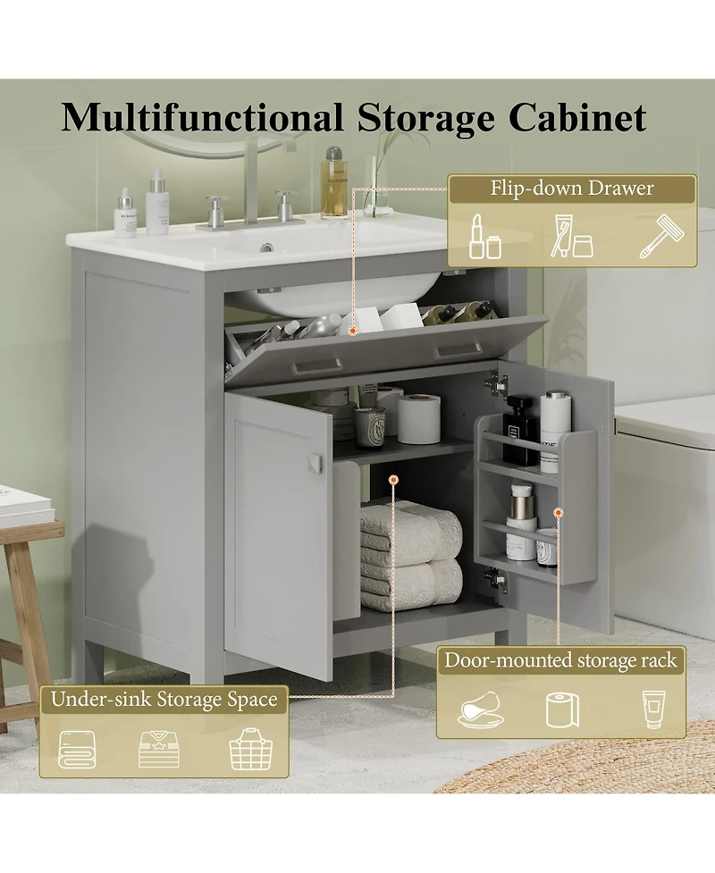 Lovmor 30inch Bathroom Vanity with Ceramic Sink Modern Gray Single Bathroom Cabinet with 2 Doors and a Shelf Soft Close Doors