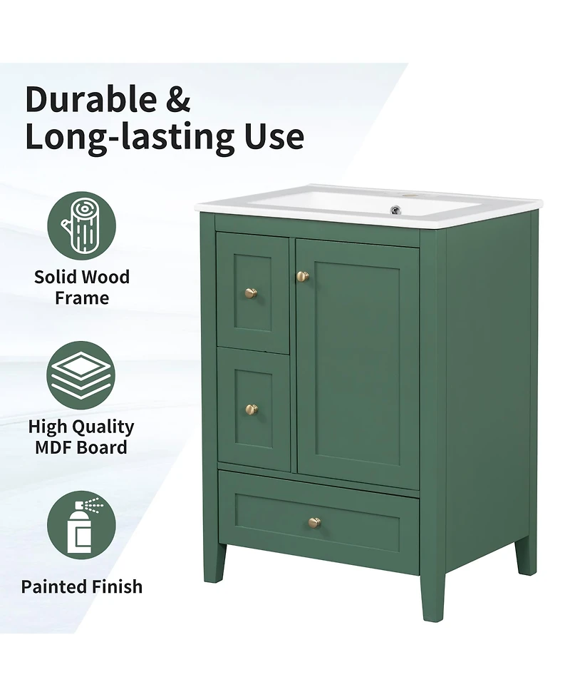 Lovmor Bathroom Vanity with Storage Adjustable Shelf Mdf Rubberwood Removable Dividers Dark Green Finish