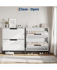 Shoe storage cabinet with 2 flip drawers, metal legs, and adjustable shelf. Slim, freestanding design ideal for entryways and hallways,White
