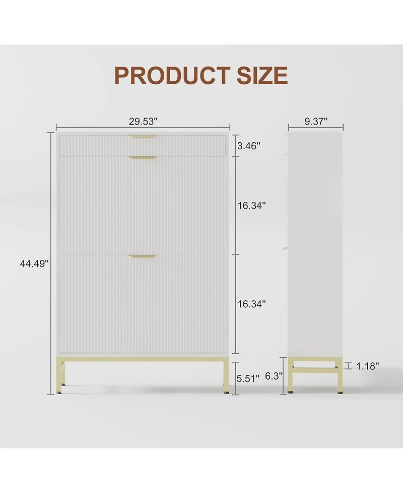 Fluted shoe cabinet with 2 flip drawers, 1 drawer, and a hook. Modern farmhouse style with metal legs. Perfect for narrow entryways,White