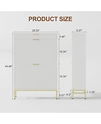 Fluted shoe cabinet with 2 flip drawers, 1 drawer, and a hook. Modern farmhouse style with metal legs. Perfect for narrow entryways,White