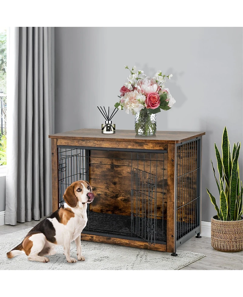 Gymax Wooden Dog Crate Furniture with Pad Bed Double Doors Dog Kennel End Table