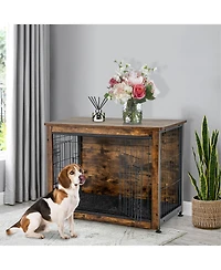 Gymax Wooden Dog Crate Furniture with Pad Bed Double Doors Dog Kennel End Table