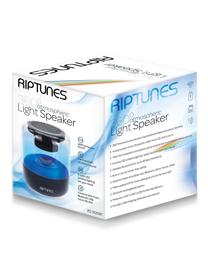 Riptunes 2-pack 360° Bluetooth Speaker, 6-Color Led Ambient Lights, Usb/microSD/Aux Playback