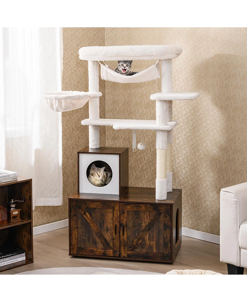 Gymax 59 inch Cat Tree w/ Litter Box Enclosure w/ Hidden Washroom Scratching Posts