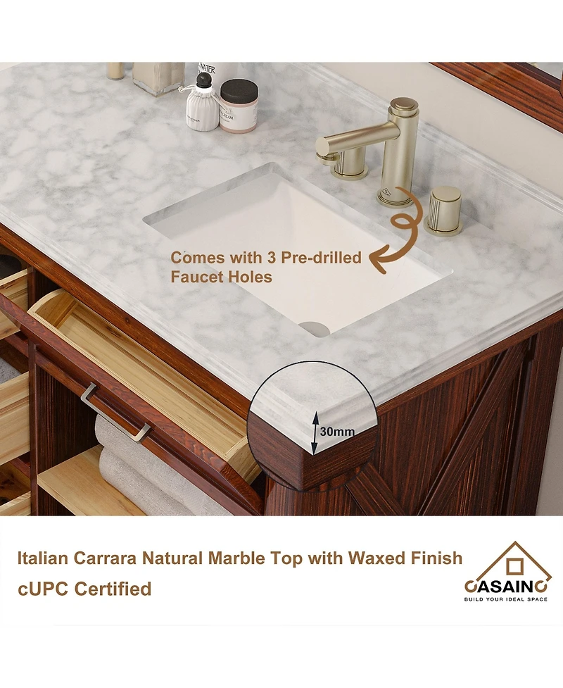 Casainc 60-Inch Solid Wood Bathroom Vanity with Marble Bullnose Top and Ceramic Basin