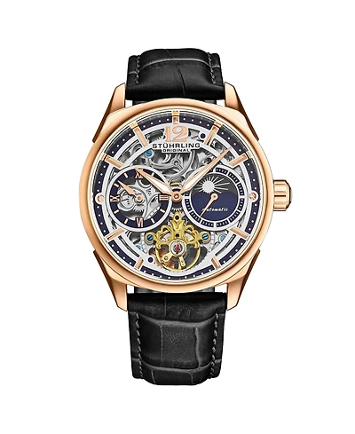 Stuhrling Vanguard 1019.04 Legacy Collection Dual Time Automatic Skeleton Watch 42mm Rose Gold Tone Black Dial Leather Strap