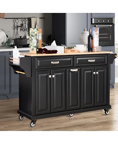 Farmhouse Kitchen Island Cart with Solid Wood Top, Ample Storage, Towel Rack & Locking Wheels, Rolling Buffet Table-Maison Boucle