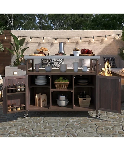 Maison Boucle Outdoor Kitchen Island Cart with Storage, Solid Wood Bbq Grill Station Stainless Steel Top, Spice Rack & Towel Bar-Maison