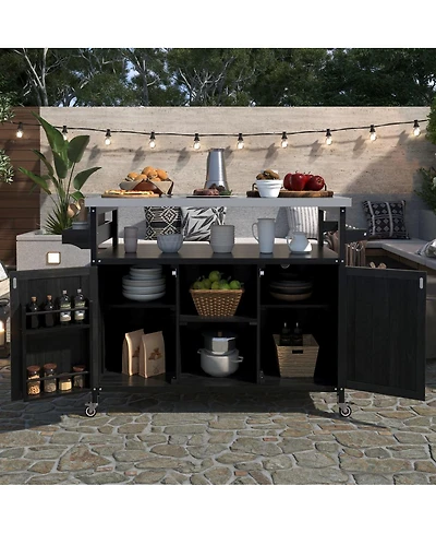 Maison Boucle Outdoor Kitchen Island Cart with Storage, Solid Wood Bbq Grill Station Stainless Steel Top, Spice Rack & Towel Bar-Maison