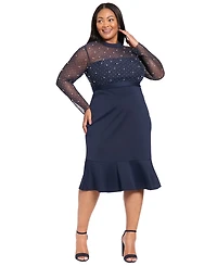 London Times Plus Beaded Illusion Mock-Neck Midi Dress