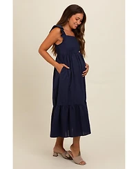 Pinkblush Maternity Navy Blue Textured Cotton Ruffle Strap Midi Dress