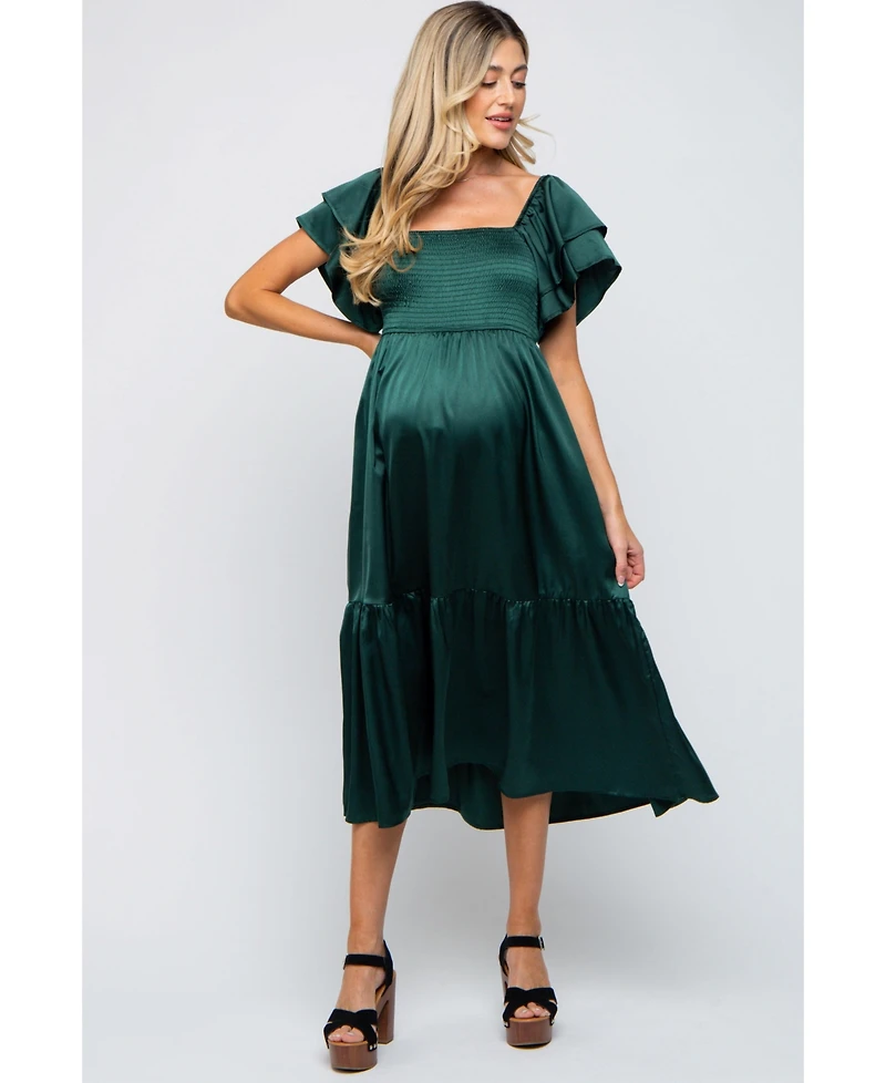 Pinkblush Maternity Forest Green Satin Flutter Sleeve Midi Dress