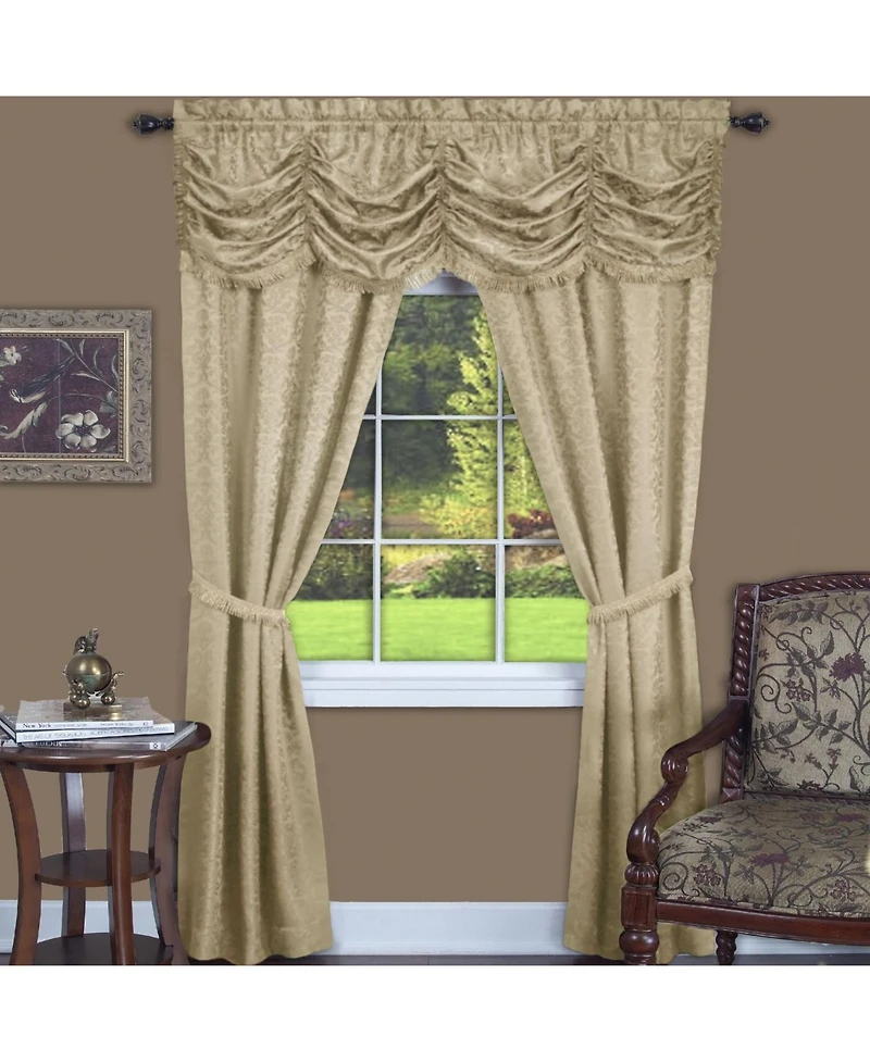 Kate Aurora Jacquard Damask Curtains With An Attached Austrian Valance & Tiebacks - 84 in. Long - Tan