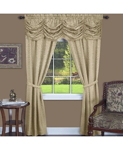Kate Aurora Jacquard Damask Curtains With An Attached Austrian Valance & Tiebacks - 84 in. Long - Tan