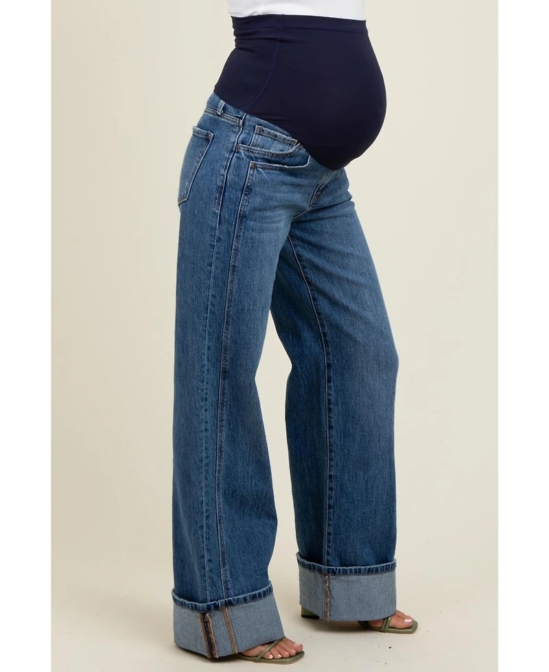 Pinkblush Maternity Navy Blue Cuffed Hem Baggy Wide Leg Jeans