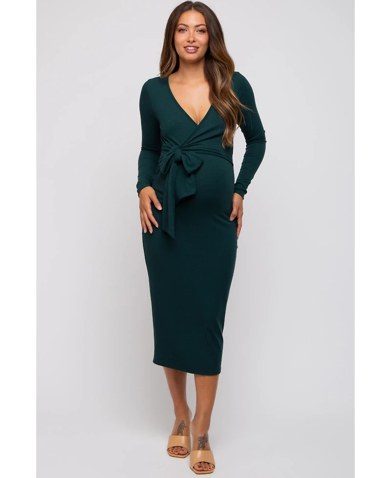 Pinkblush Forest Green Ribbed Long Sleeve Maternity Wrap Dress