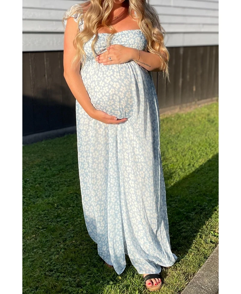 Pinkblush Maternity Light Blue Floral Chiffon Sweetheart Neck Off Shoulder Maxi Dress