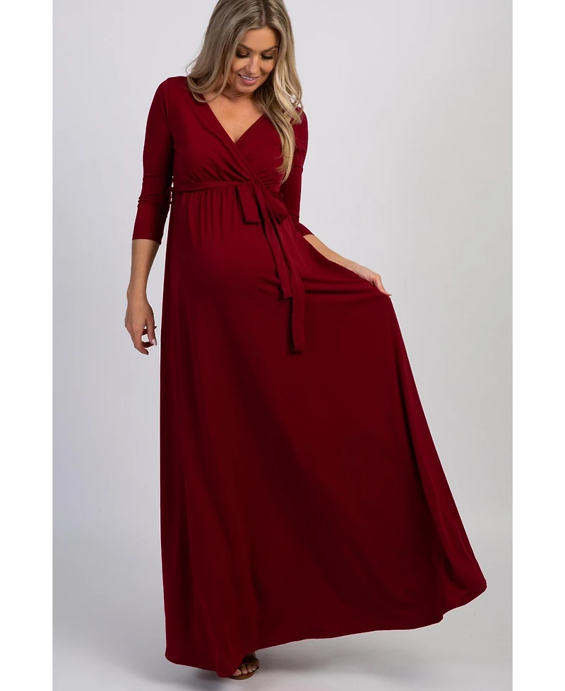 PinkBlush Burgundy Draped 3/4 Sleeve Maternity Maxi Dress