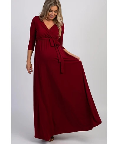 PinkBlush Burgundy Draped 3/4 Sleeve Maternity Maxi Dress