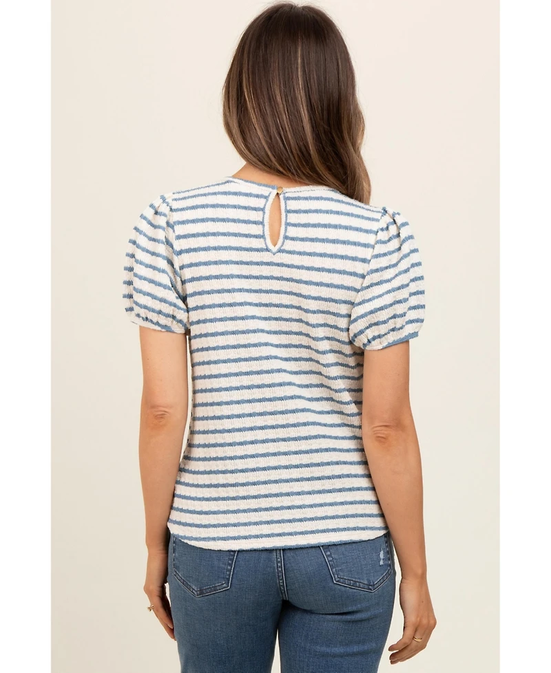 Pinkblush Maternity Light Blue Striped Textured Puff Sleeve Top