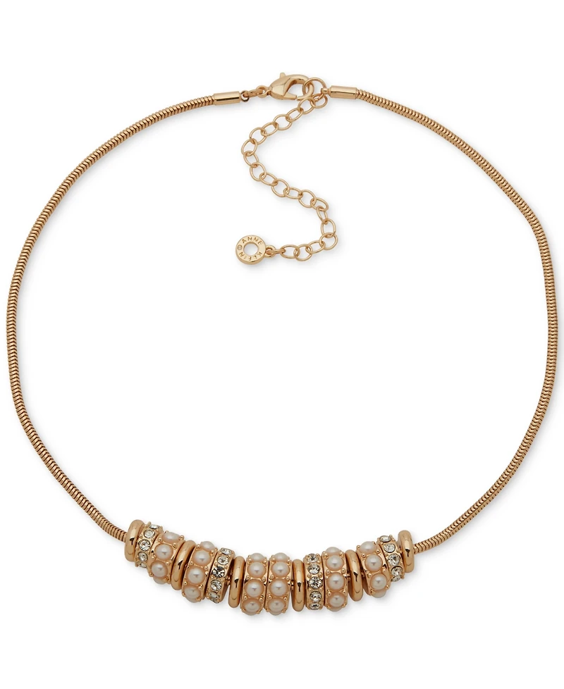 Anne Klein Imitation Pearl and Glass Stones Gold-Tone Rondell Frontal Necklace