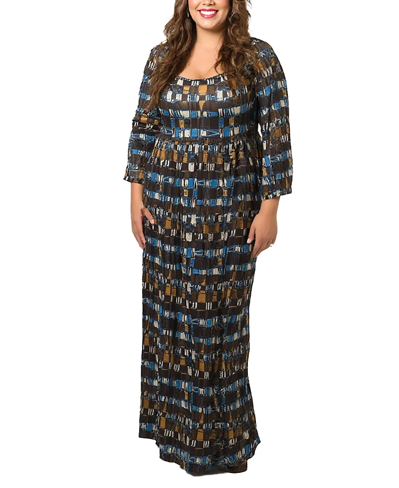 24seven Comfort Apparel Plus Brown Geometric Print 3/4 Sleeve Dress