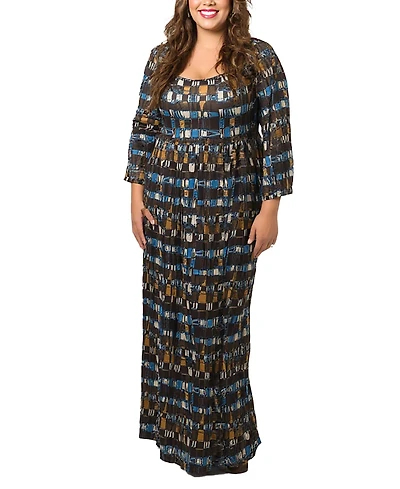 24seven Comfort Apparel Plus Brown Geometric Print 3/4 Sleeve Dress